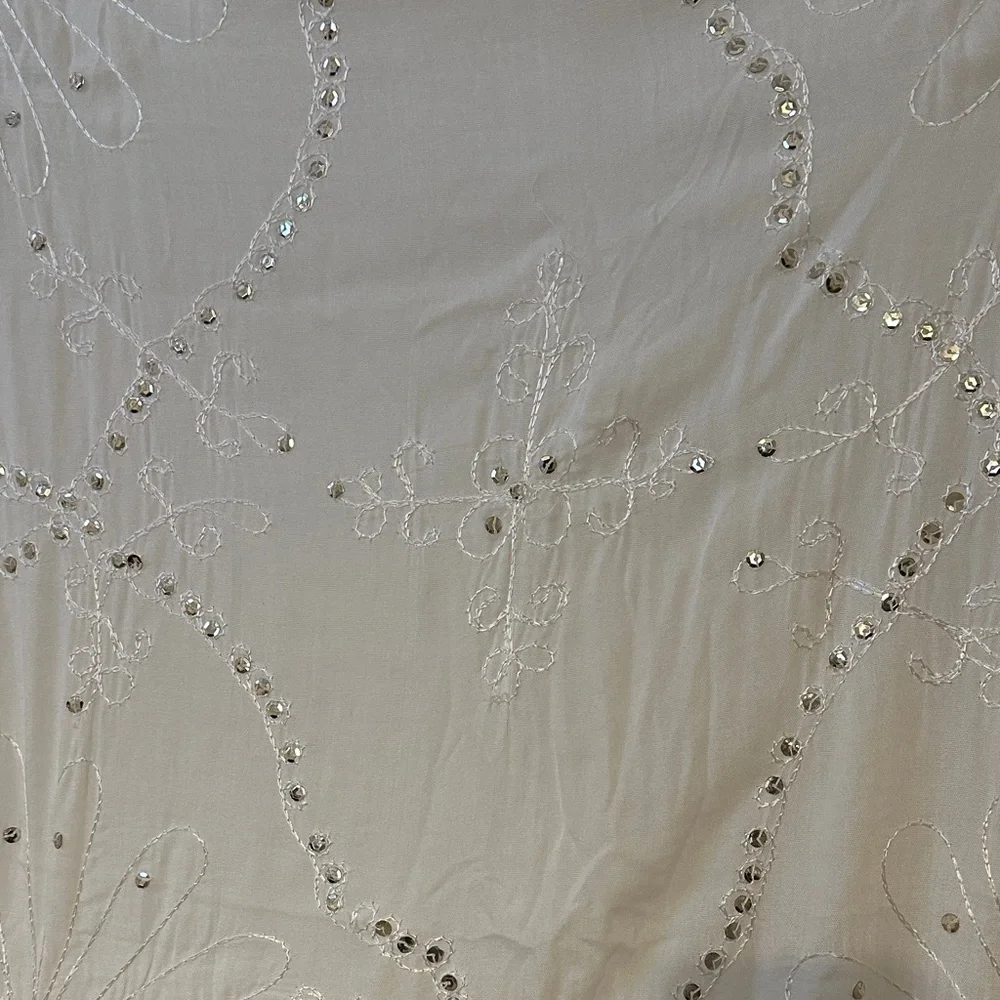 41x62” White Fringed Embroidered with Sequins - Scarf Sarong Pareo Wrap Cover-up - Picture 3 of 4